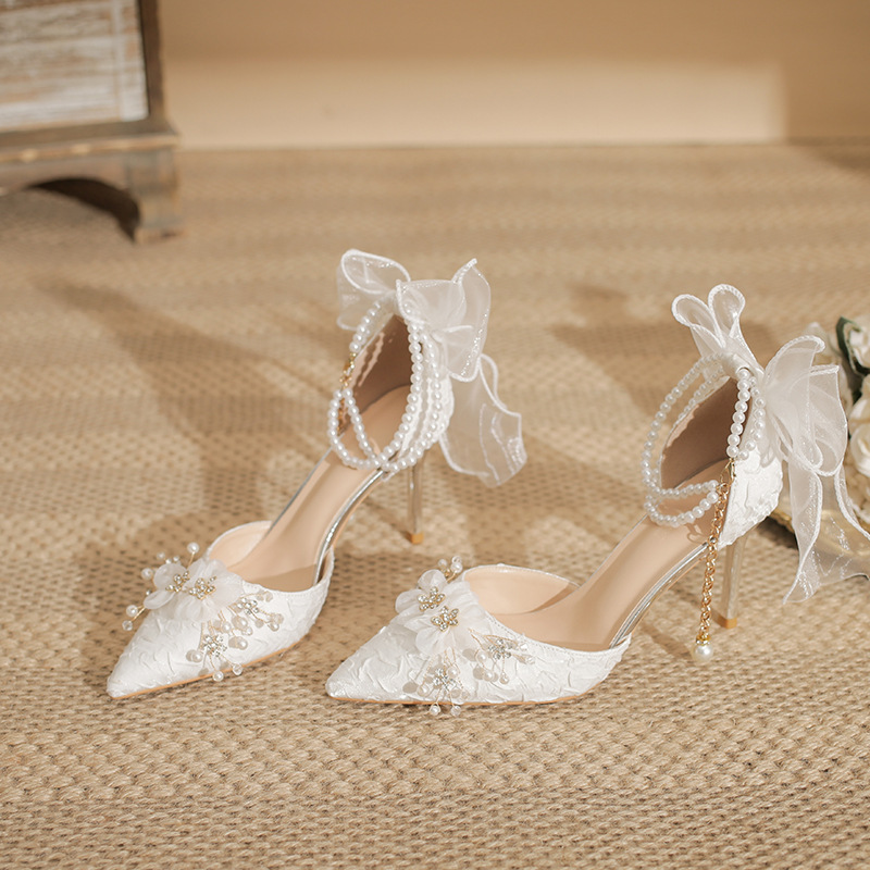 2026 New White High-Heeled Shoes for Women, Stiletto Heels, Pearl Bridal Shoes, Bowknot Bridesmaid Fashion Versatile Single Shoes 2026 New White High-Heeled Shoes for Women, Stiletto Heels, Pearl Bridal Shoes, Bowknot Bridesmaid Fashion Versatile Single Shoes