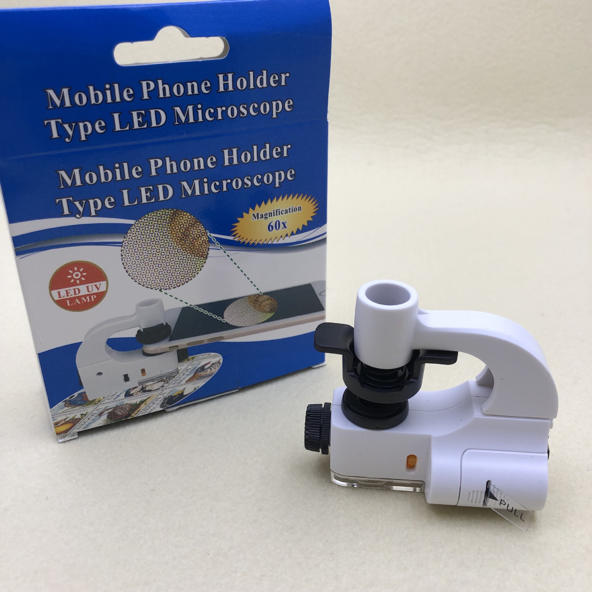 60倍 新款774-60X 带LED灯UV灯手机夹 显微镜