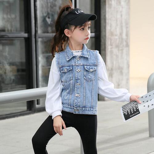 Cross-border wholesale new autumn fashion girls single-breasted denim jacket non-hooded spring and autumn cardigan waistcoat 
