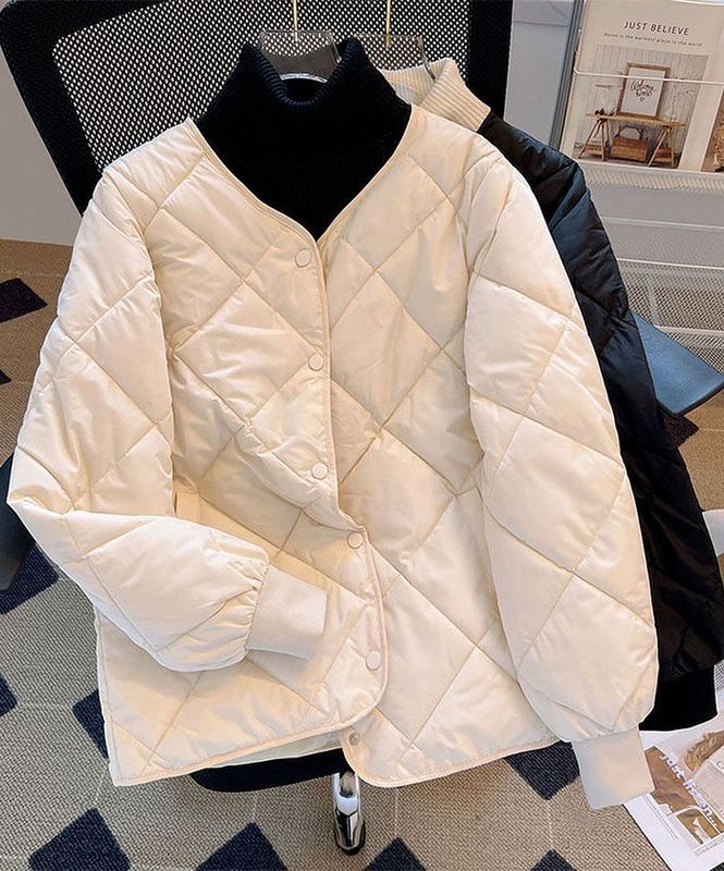 法式菱格ins圆领小香风轻薄短款保暖棉服冬季小个子长袖棉衣外套|undefined