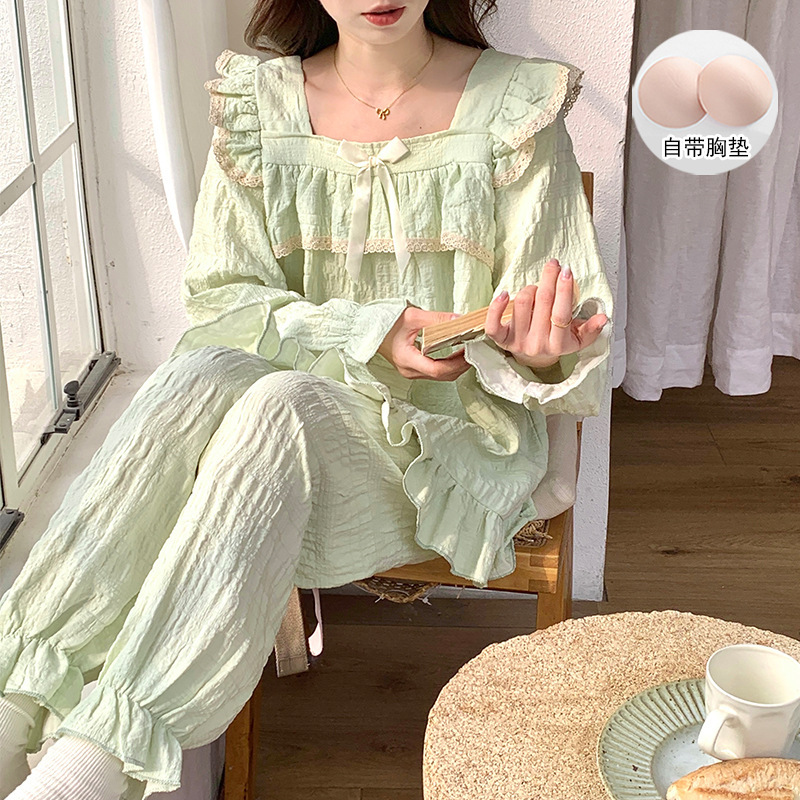 带胸垫云朵棉睡衣女春秋款长袖甜美公主风2025新款夏季家居服套装|undefined
