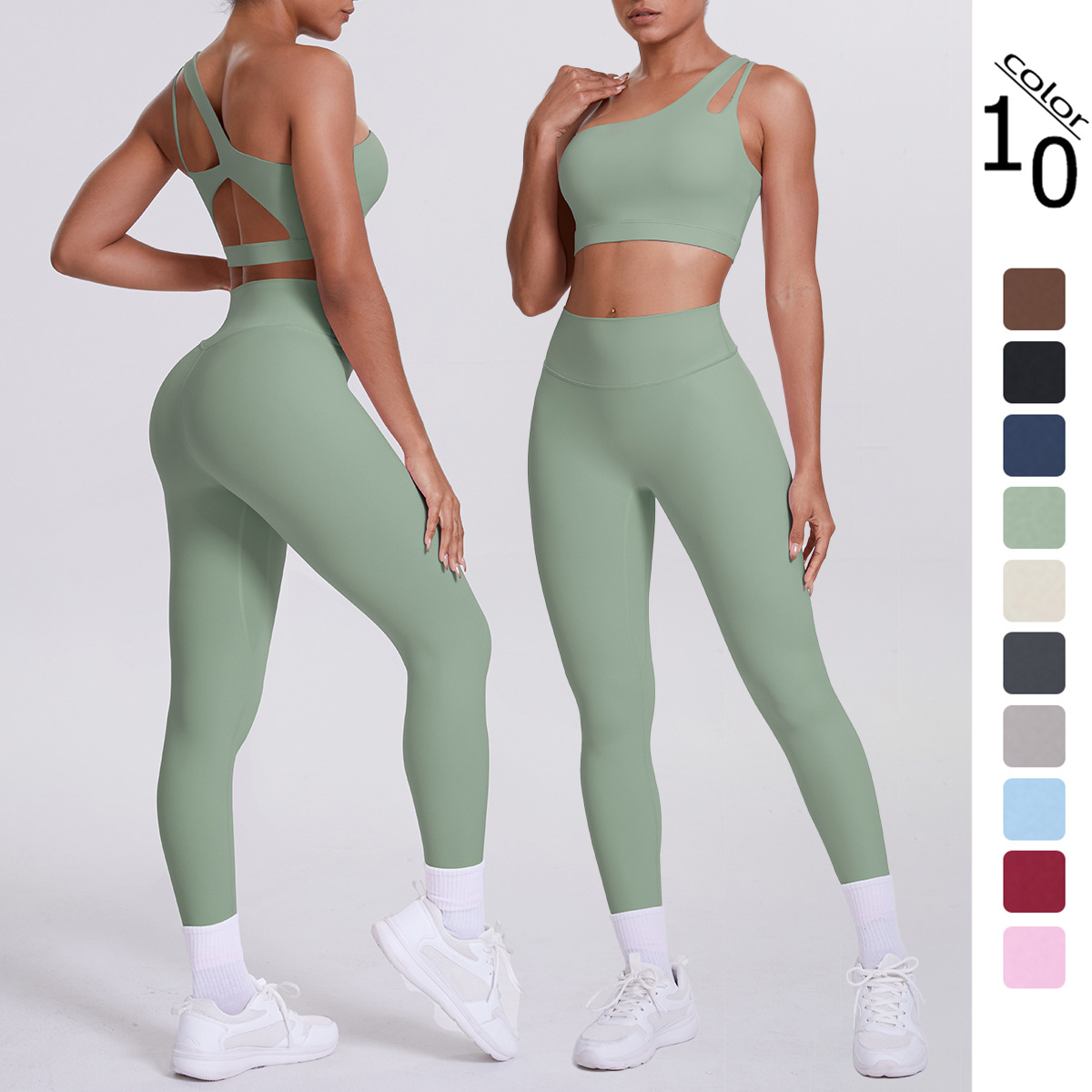 New Nude Tight Yoga Wear One-Shoulder Beautiful Back Sports Bra Set High Waist Hip Lifting Running Fitness Suit for Women