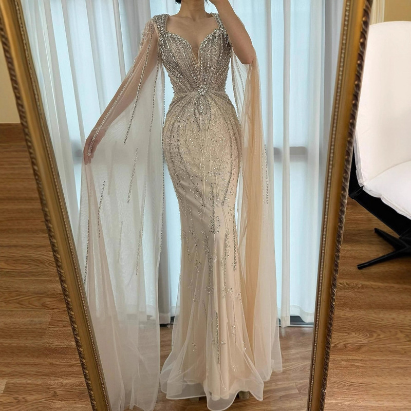 Serene Hill Off-White Mermaid Beaded Flutter Sleeve Haute Couture Evening Performance Solo Evening Dress La72992