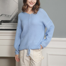 欧美跨境外贸针织衫女式2022秋冬新品大码长袖宽松抽绳V领毛衣女