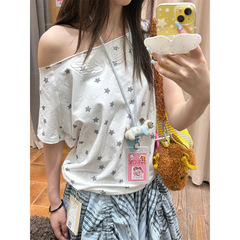 【210克40支精棉1*1】星星满印一字肩短袖T恤女夏季翅膀斜肩上衣