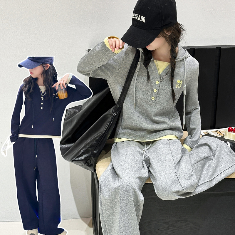 跨境女童套装秋新款2025儿童秋装运动大童时髦假两件卫衣休闲卫裤|undefined