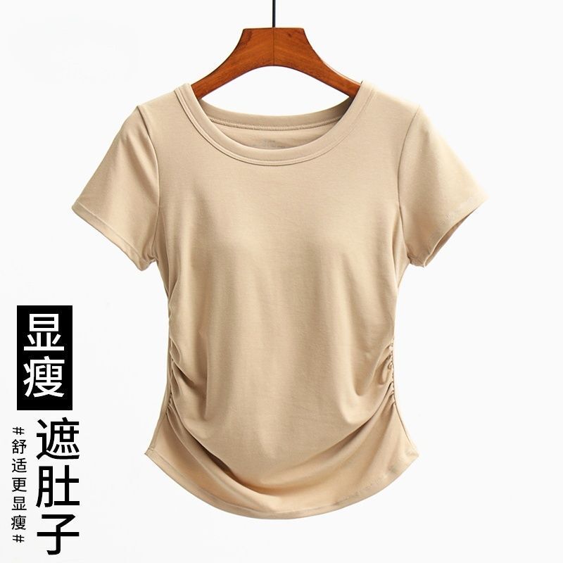 New Style Short-Sleeved T-Shirt with Breast Pads for Women, Bra-Free Pleated Waist Slimming Look Top Intimates Yoga Sports Bottoming Shirt