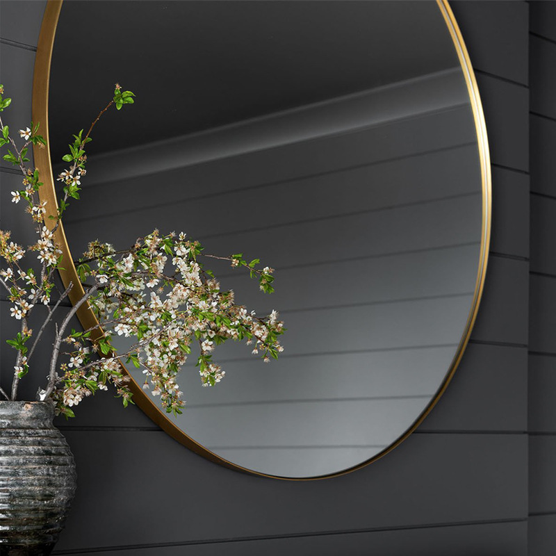 Light Luxury Brass Brushed Edged Wall Mirror Scandinavian Mirror Bathroom Stainless Steel Frame Round Bathroom Mirror