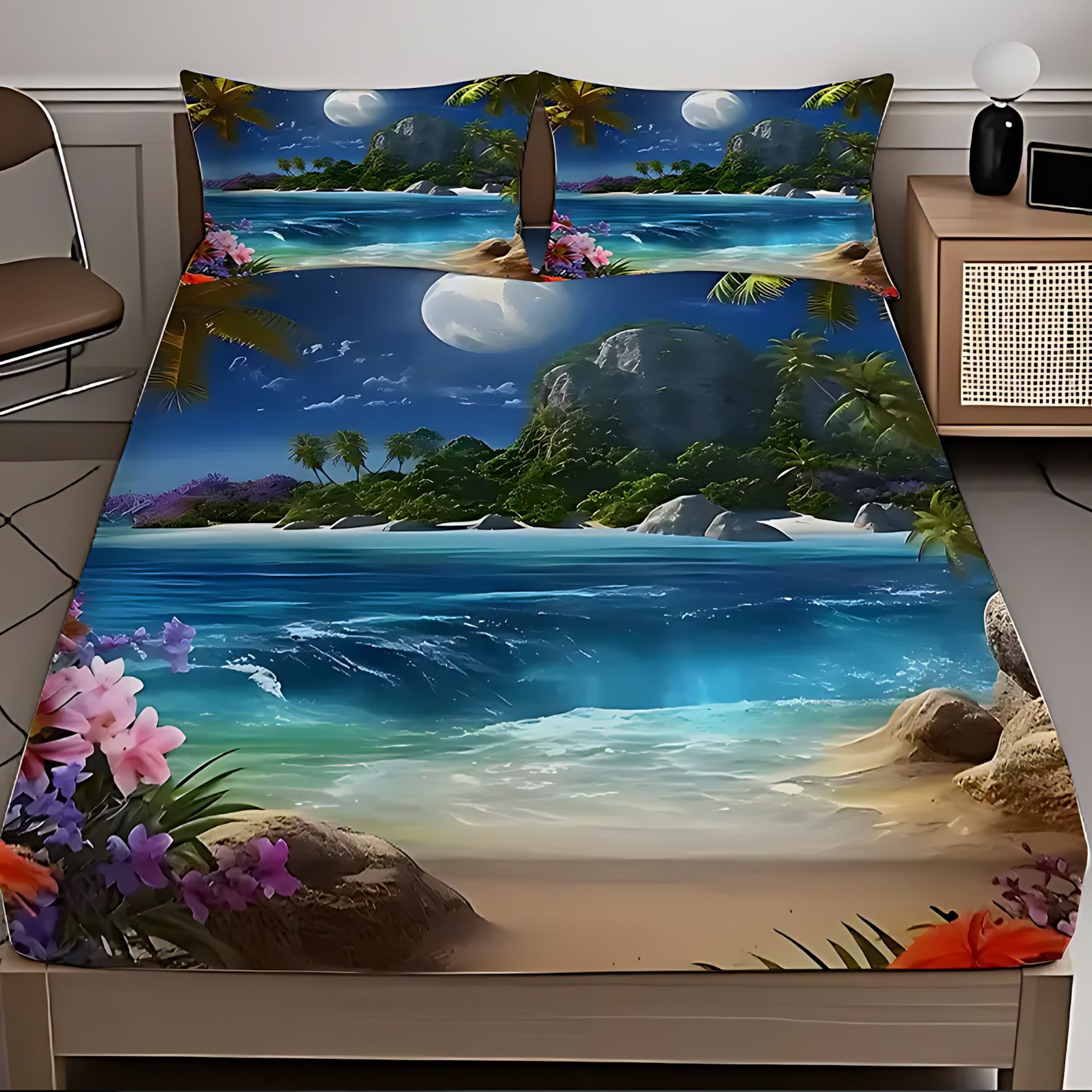 TEMU / JIT Visita a casa transfronteriza vista al mar temática molido HD impresión digital cama almohada cubierta Kit de cama