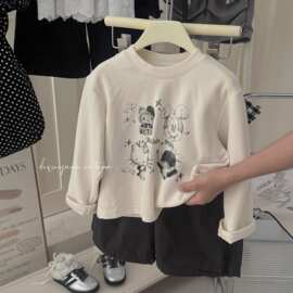 现货大小卷25女童长袖t恤春秋洋气儿童猫咪上衣女休闲可爱打底衫