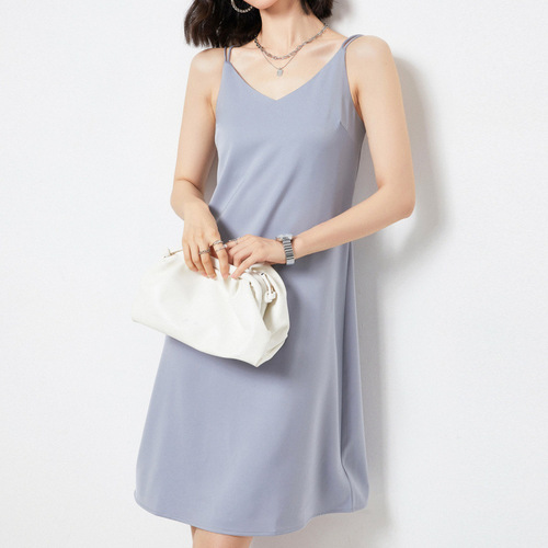 Silk Satin Straps Dress 2025 Summer Women's New Slimming V-Neck Simple Elegant Medium-Length Dress