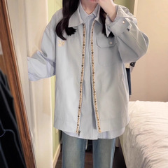 秋季复古美式国潮小香风宝石织带拼接翻领夹克外套女新款小众上衣