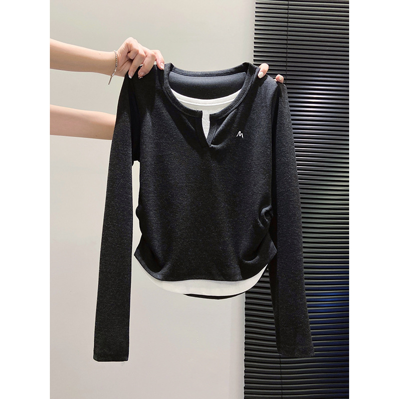 外贸清仓～尾货品牌拼接撞色假两件圆领长袖t恤收腰显瘦正肩上衣