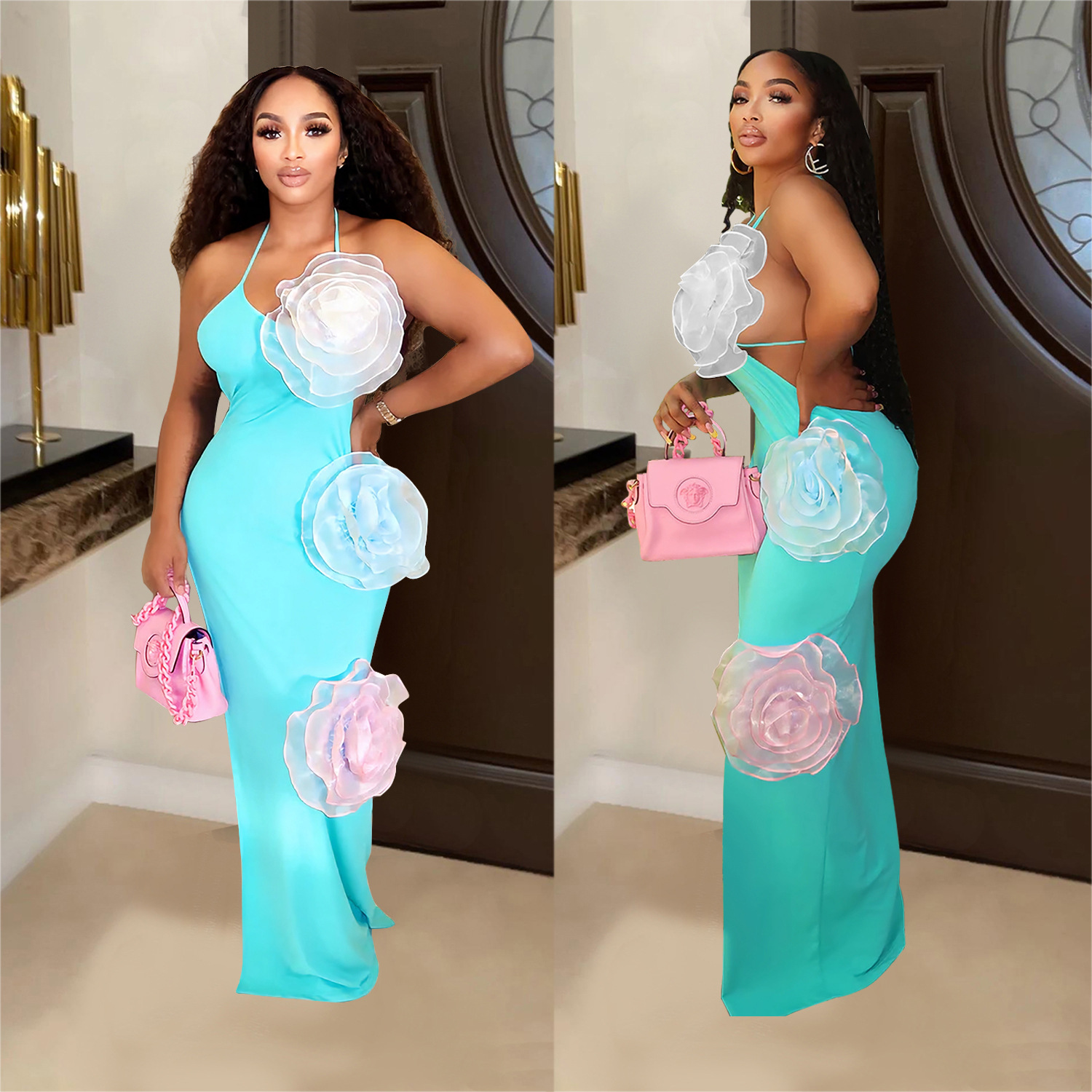 C7048 AliExpress transfronterizo Amazon estación independiente de moda europea y americana ropa de mujer de color sólido vestido de flores nuevas image 5