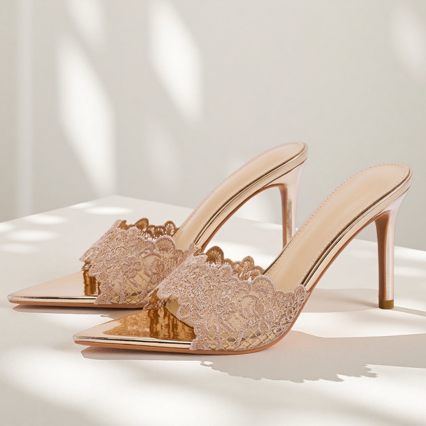 Yx Pointed-Toe High-Heeled Shoes for Women 2026 Summer New Style Champagne Gold Embroidered High-Heeled Stiletto Shoes Summer Slippers for Outer Wear