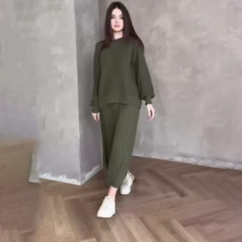 欧美亚马逊跨境外贸新款时尚通勤气质圆领纯色长袖压褶百褶裙套装|undefined