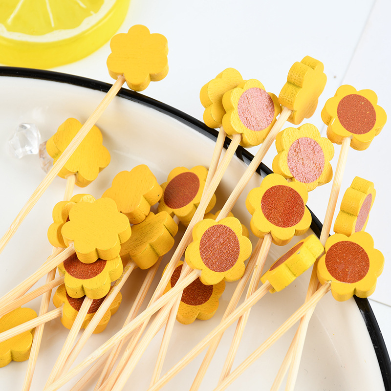 Fabricantes al por mayor flores de sol creativas stick de fruta stick de bambú desechable stick de flores tiquetas tiquetas lindas tiquetas