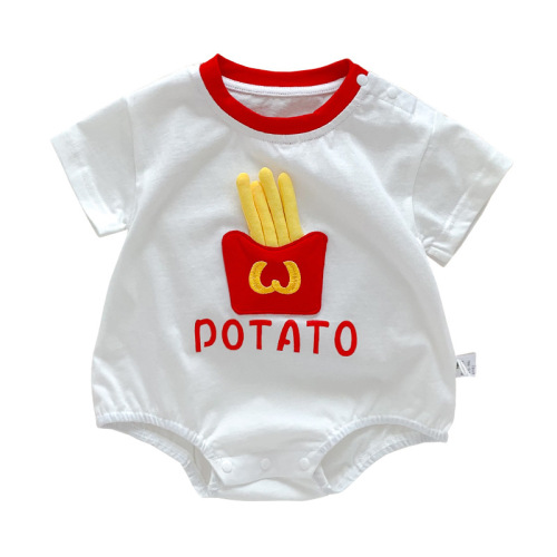 Baby summer clothes thin short-sleeved newborn one-piece bodysuit for men and women baby crawling clothes cute French fries khaki