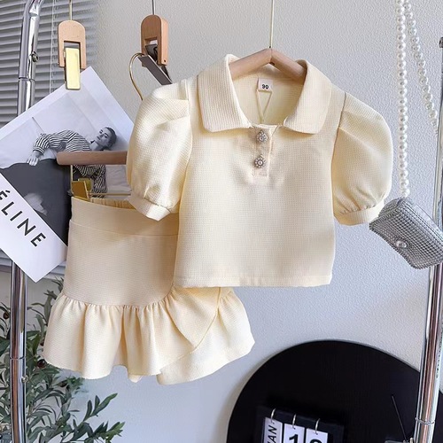 Children's Summer New Set Puff Sleeve Toddler Top Cute Fashion Collar Girl Short Sleeve Short Skirt Two-Piece Set