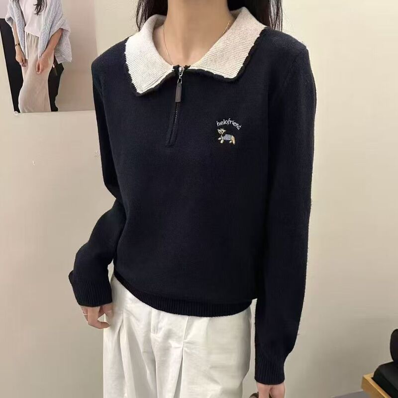 Contrast Color Collar Knitted Long-Sleeved Tops for Women 2025 Autumn and Winter New Fashion College Style Loose Sweaters with Heavy Embroidery