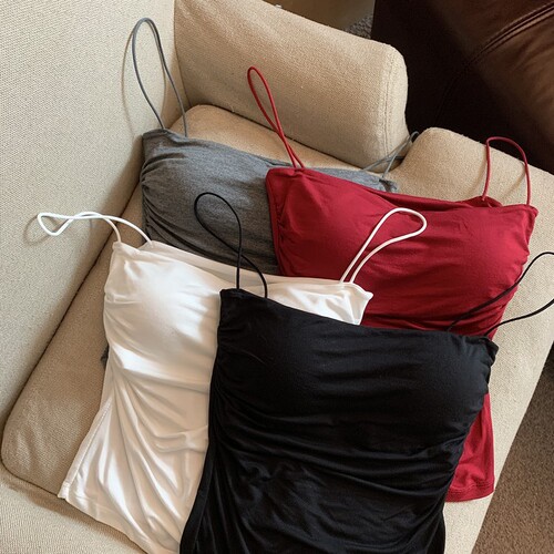 French style pure lust style hottie camisole women's summer pleated slim slim tube top spaghetti straps top with breast pads