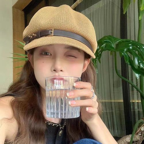 2024 new style hollow octagonal hat for women, versatile sun protection straw hat for summer travel, Japanese style British duck tongue beret