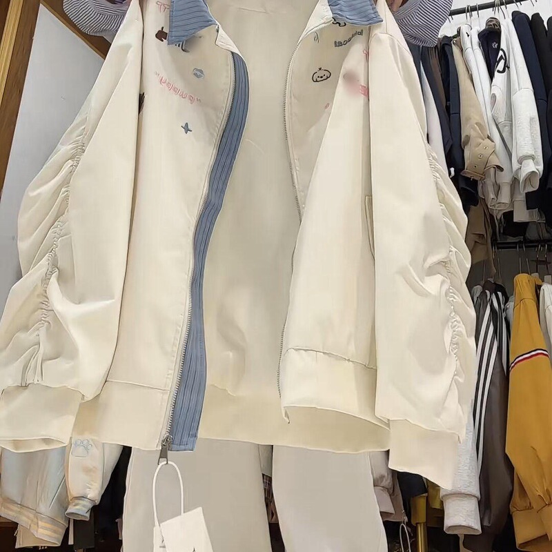 American Retro Cute Dog Embroider Fake Two-Piece Cardigan Jacket for Women Spring and Autum Loose Casual Baseball Jacket