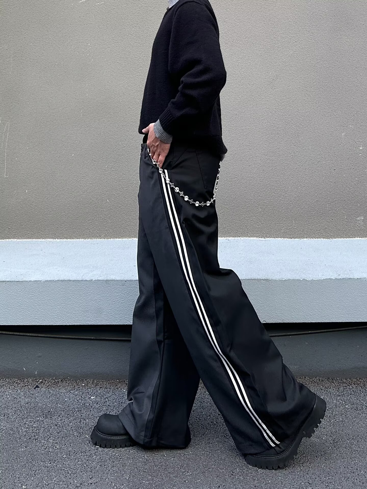 Men's Casual Pants Retro Double Waistband Spliced Curved Blade Loose Long Trousers_mkmklike.com