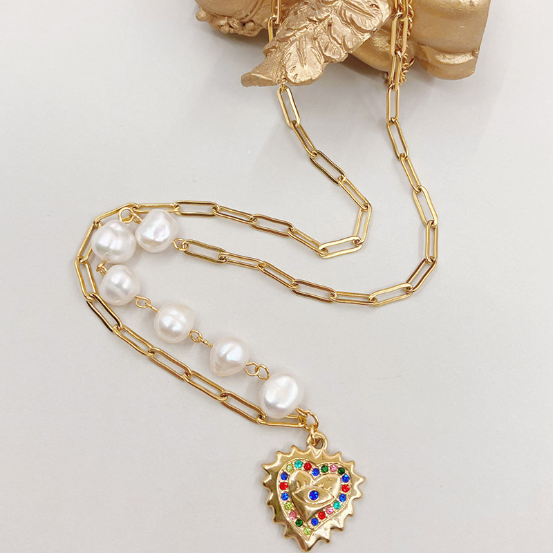 Retro Heart Shape Stainless Steel Pearl Titanium Steel Plating Inlay Zircon Pendant Necklace 1 Piece