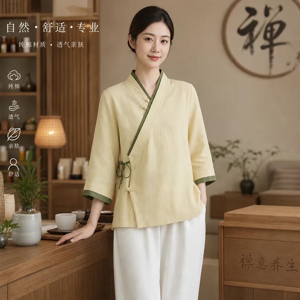 Tea Artist Workwear, Zen-Inspired Women's Clothing, Tea-Themed Tops, Hanfu, Tang Suit, Traditional Chinese Medicine Wellness Center Moxibustion Technician Uniform Set