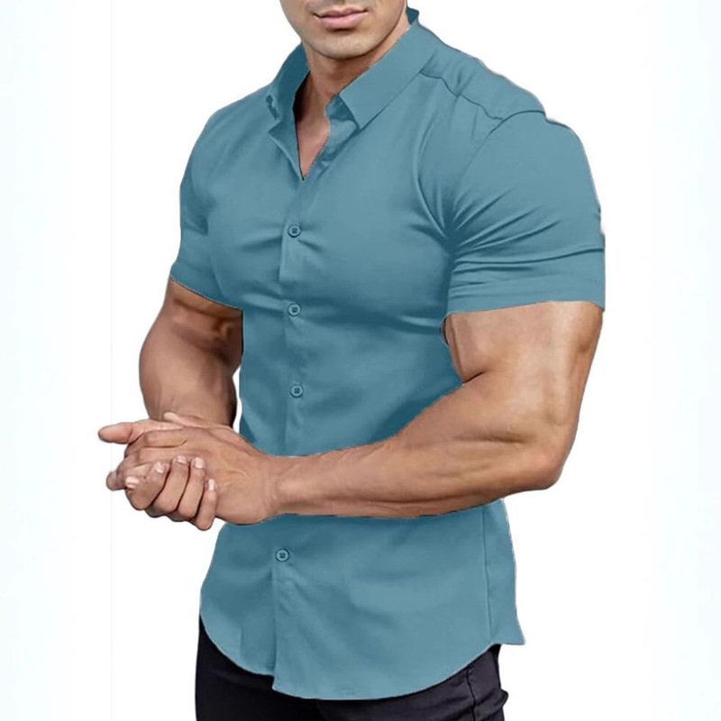 2025 Summer Men's New Solid Color Short Sleeve Shirt Slim Fit Breathable Muscle Men's Fashion Casual Men's Clothing
