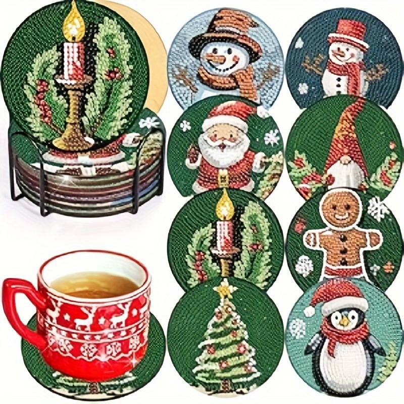 Ventas transfronterizas calientes de 8 piezas de conjunto de cojín de taza de arte de diamante, con soporte, pequeño conjunto de pintura de diamante, adecuado para adultos