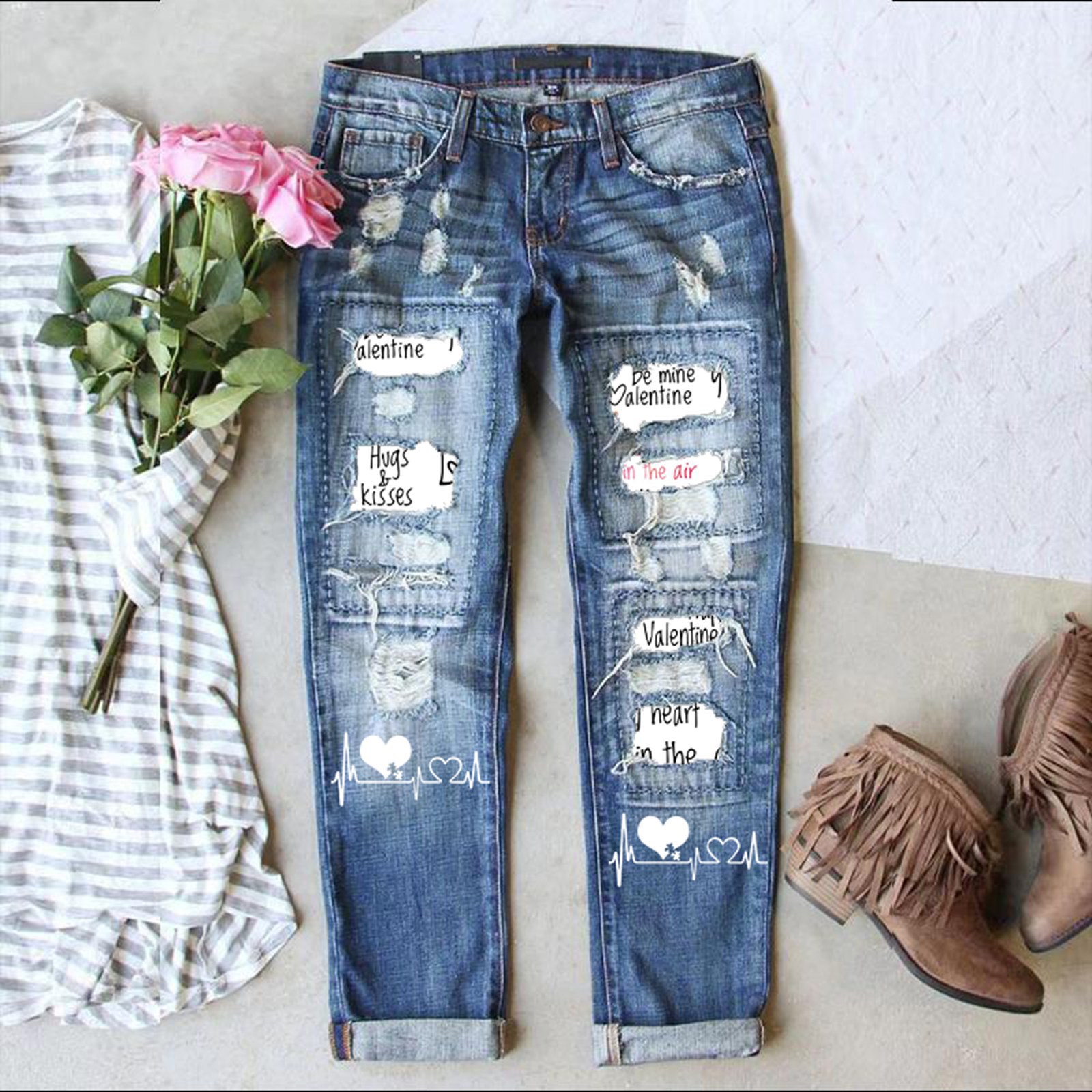 欧美跨境现货批发时尚新款破洞印花贴布水洗中腰直筒女装牛仔裤女