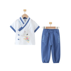 中國風童裝仙鶴刺繡男童唐裝兒童漢服國學幼兒園服夏裝古風套裝