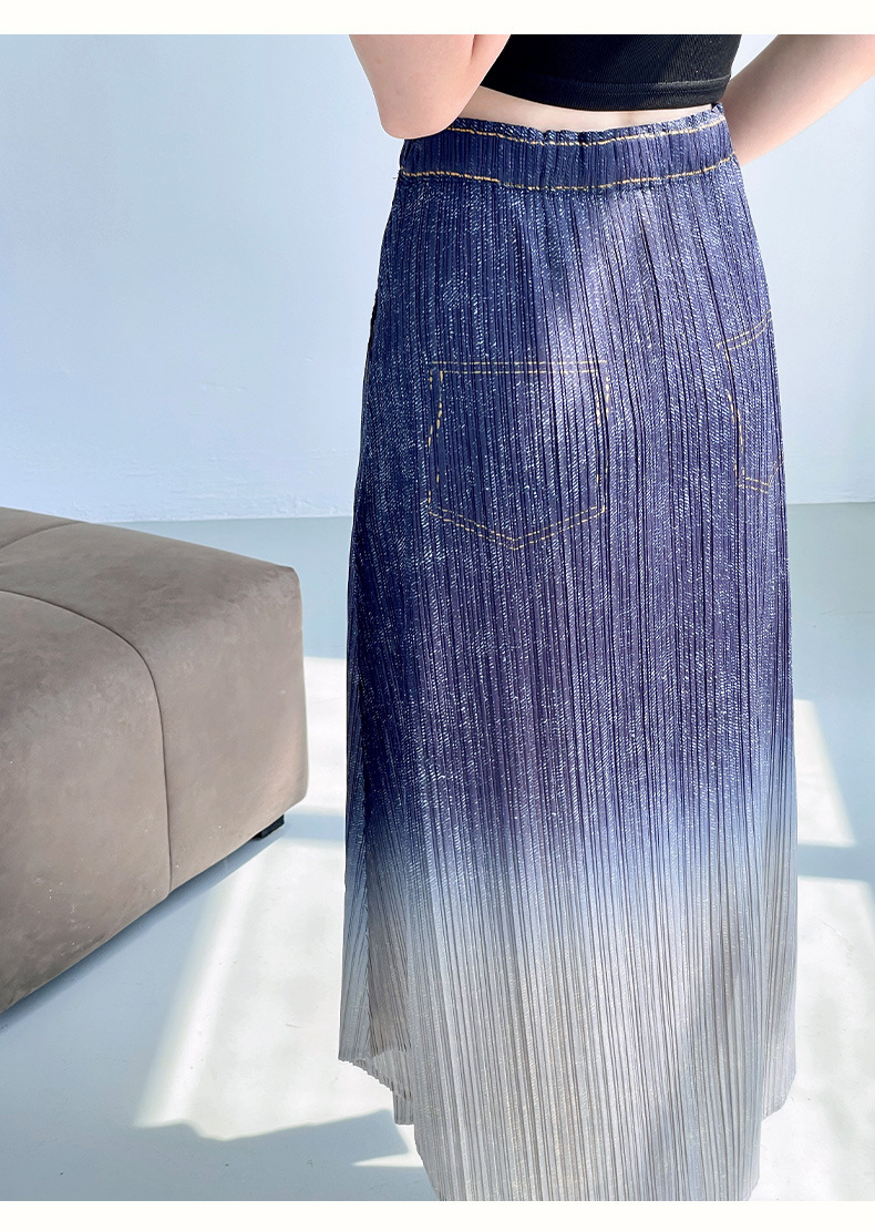 Chân váy xếp ly nữ cạp cao denim phối màu thời trang hè — Màu xanh lam chi tiết 10
