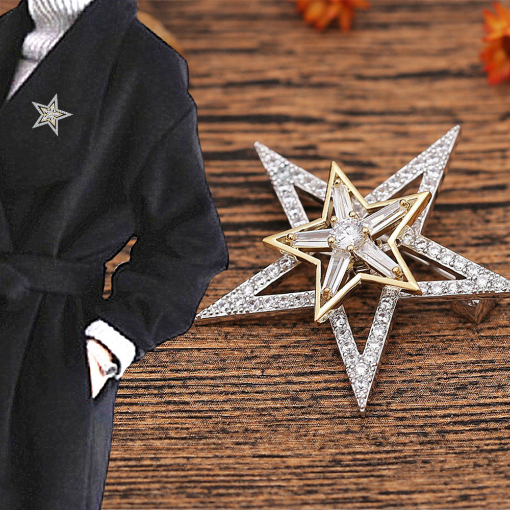 Spilla girevole a doppio pentagramma con zircone rotante a decompressione Spilla da colletto per abito da uomo Spilla da abito da donna Accessori_voghion.com