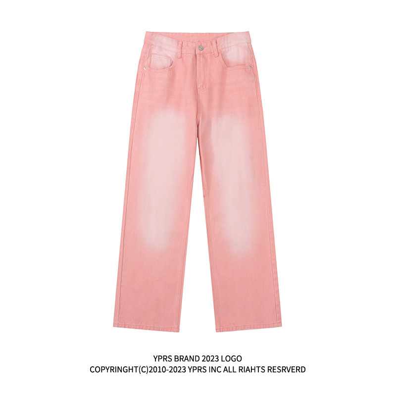 Ins Distinctive Vintage Distressed Colorful Washed White pink Jeans Men's Loose Straight Wide Leg Straight Edition