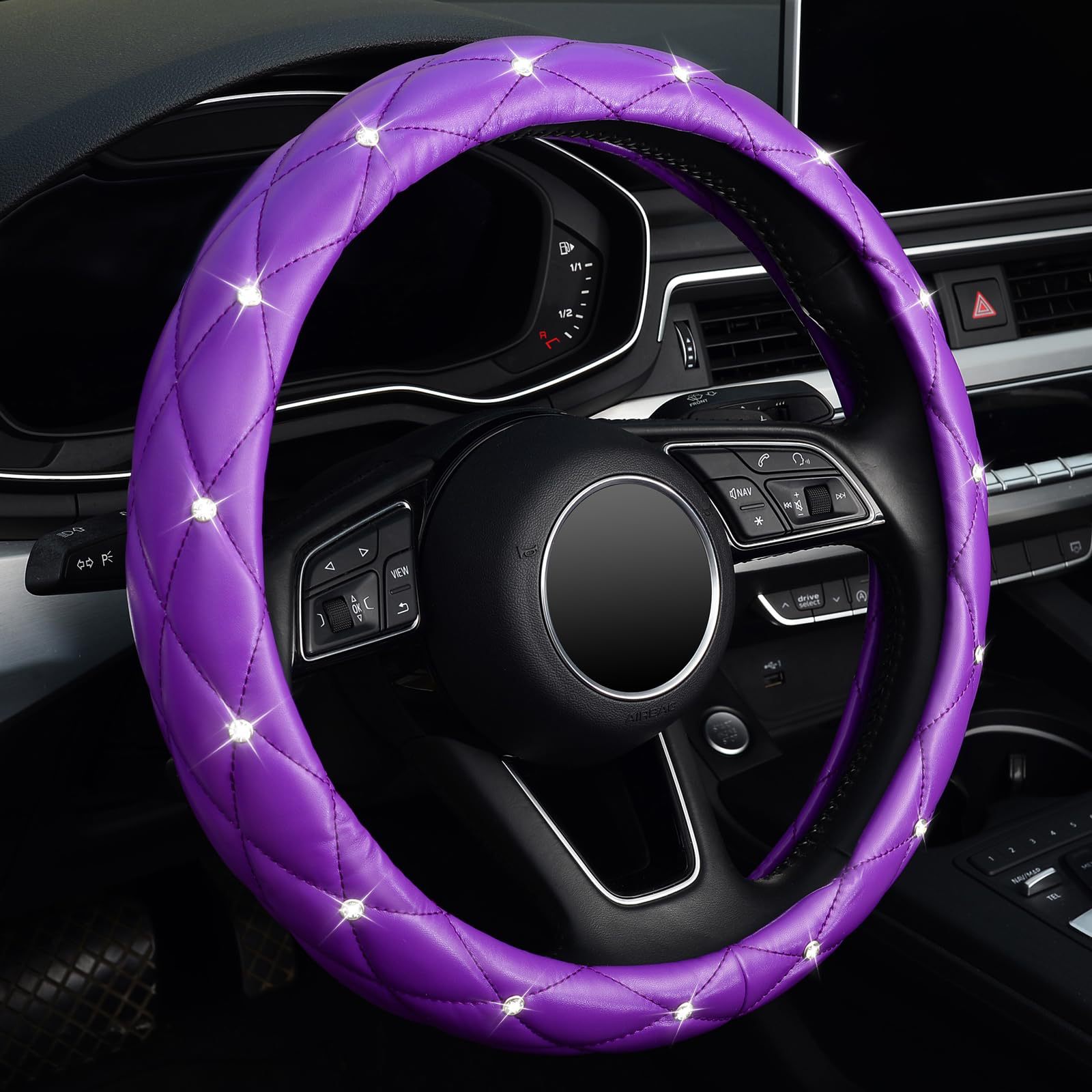 Factory Direct Sales Amazon Car Diamond-Studded Steering Wheel Cover, Universal for All Seasons, Soft Leather Anti-Slip Rhinestone Handle Cover