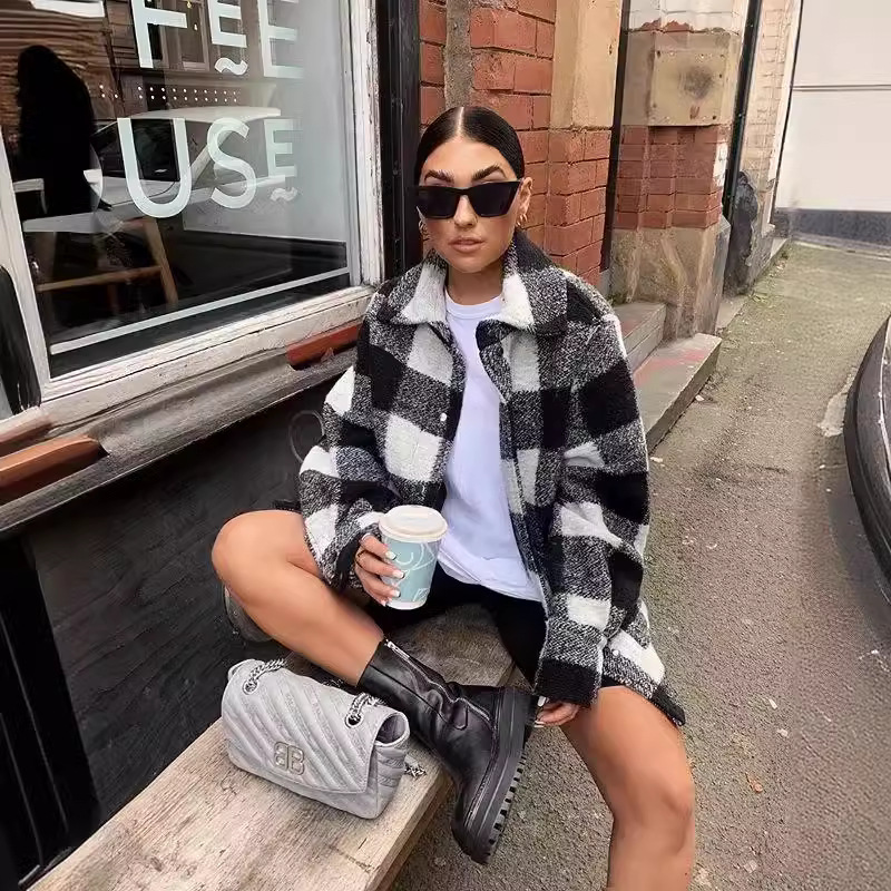 Abrigo de Lana Estilo Camisa para Mujer de Poliéster, Estampado a Cuadros, Monopecho para Otoño e Invierno