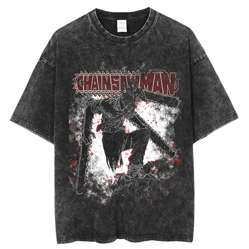 Chainsaw Man Shirt Cotton Retro Washed Anime Pure Cotton T-Shirt American Street Plus Size Men's Top Harajuku Style