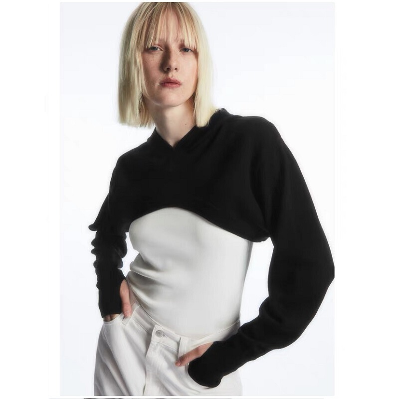 Cos Style Autumn New Casual Fit Short Wool Blend Knit Hoodie Black Playful Sweatshirt