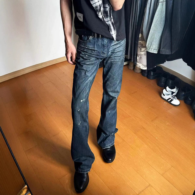 Cleanfit Style Heavy-Duty Washed Whiskered Dirty-Dyed Splatter-Ink Flared Slim-Fit Long Pants with Splatter-Ink Embellishments Men's Jeans Cleanfit Style Heavy-Duty Washed Whiskered Dirty-Dyed Splatter-Ink Flared Slim-Fit Long Pants with Splatter-Ink Embellishments Men's Jeans