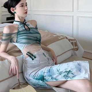 新中式性感旗袍年轻款少女气质设计感镂空收腰显瘦印花连衣裙代发