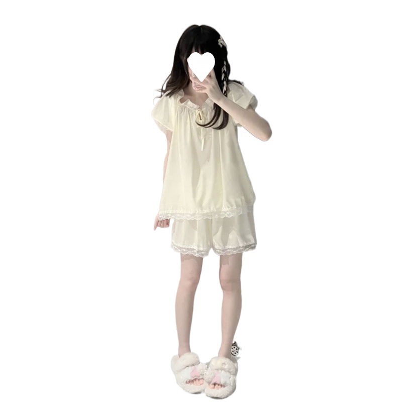 우유 노란색 나비 옷 잠옷 여성용 여름 새 아이스 실크 짧은 소매 반바지 세트 레이스 달콤한 홈 옷