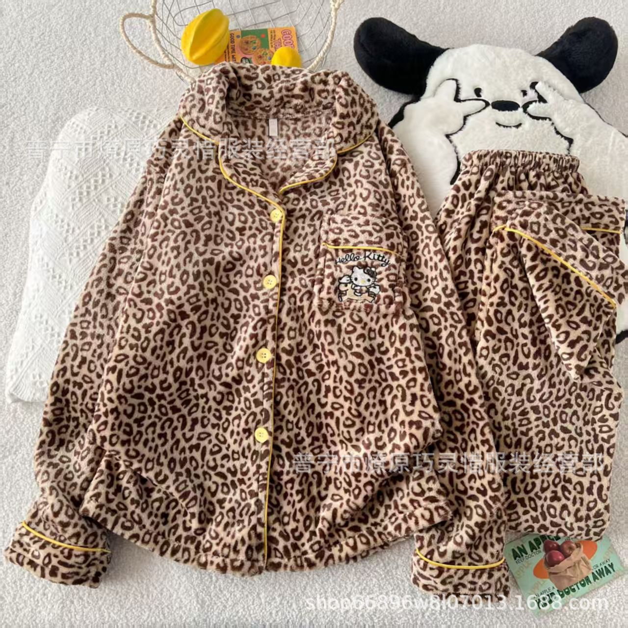 Franela otoño y invierno nueva linda niña caliente y gruesa dulce kitty gato suelto conjunto de pijamas se puede usar fuera
