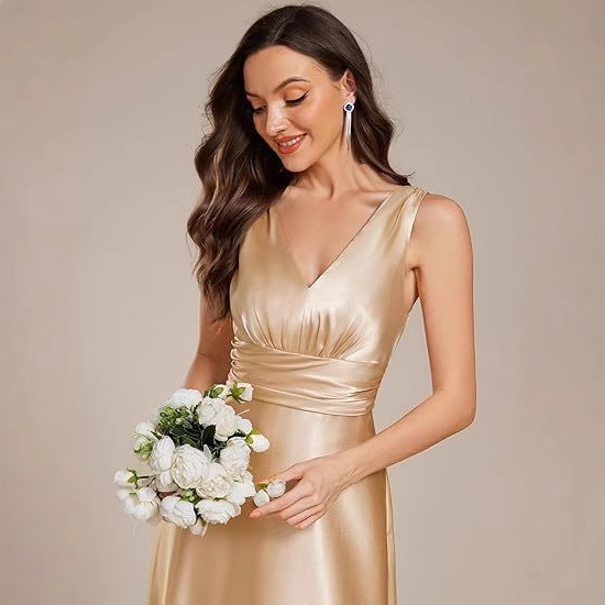 2026 New Style Evening Dress for Women, V-Neck, Floor-Length, High-Waisted Satin Formal Dress, Champagne Color, Cross-Border Dress for Parties