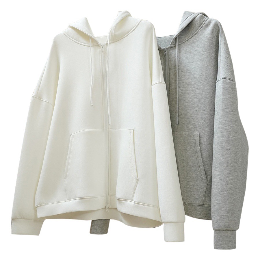 Sudadera con Capucha Estilo Coreano de Otoño, Color Sólido, Holgada, con Capucha y Cremallera, Estilo Coreano, Informal, para Mujer