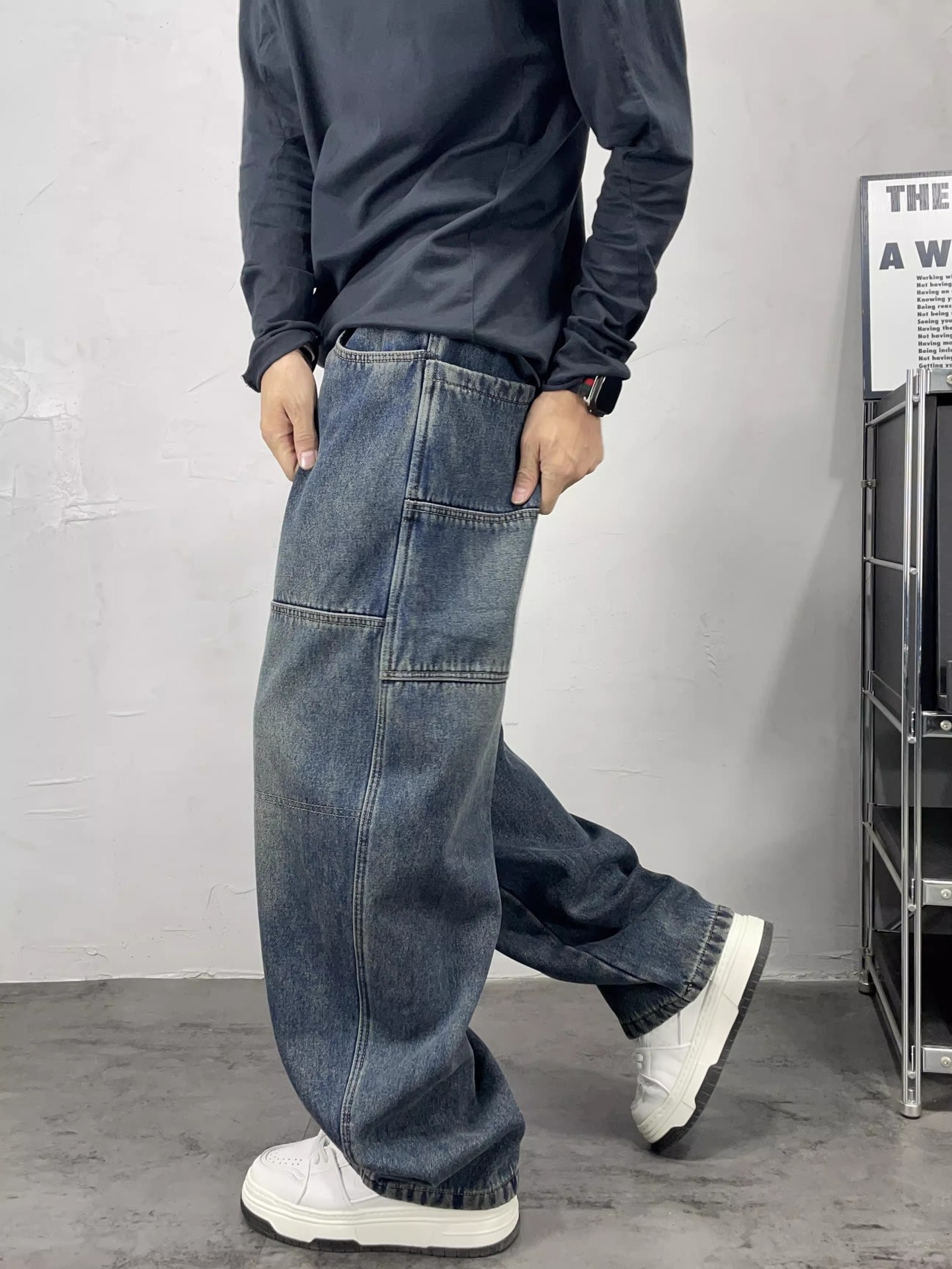 Men's High-Waisted Color-Block Jeans Blue & Black Loose Wide-Leg Straight Pants Hip Hop Style European American Trendy Brand_mkmklike.com