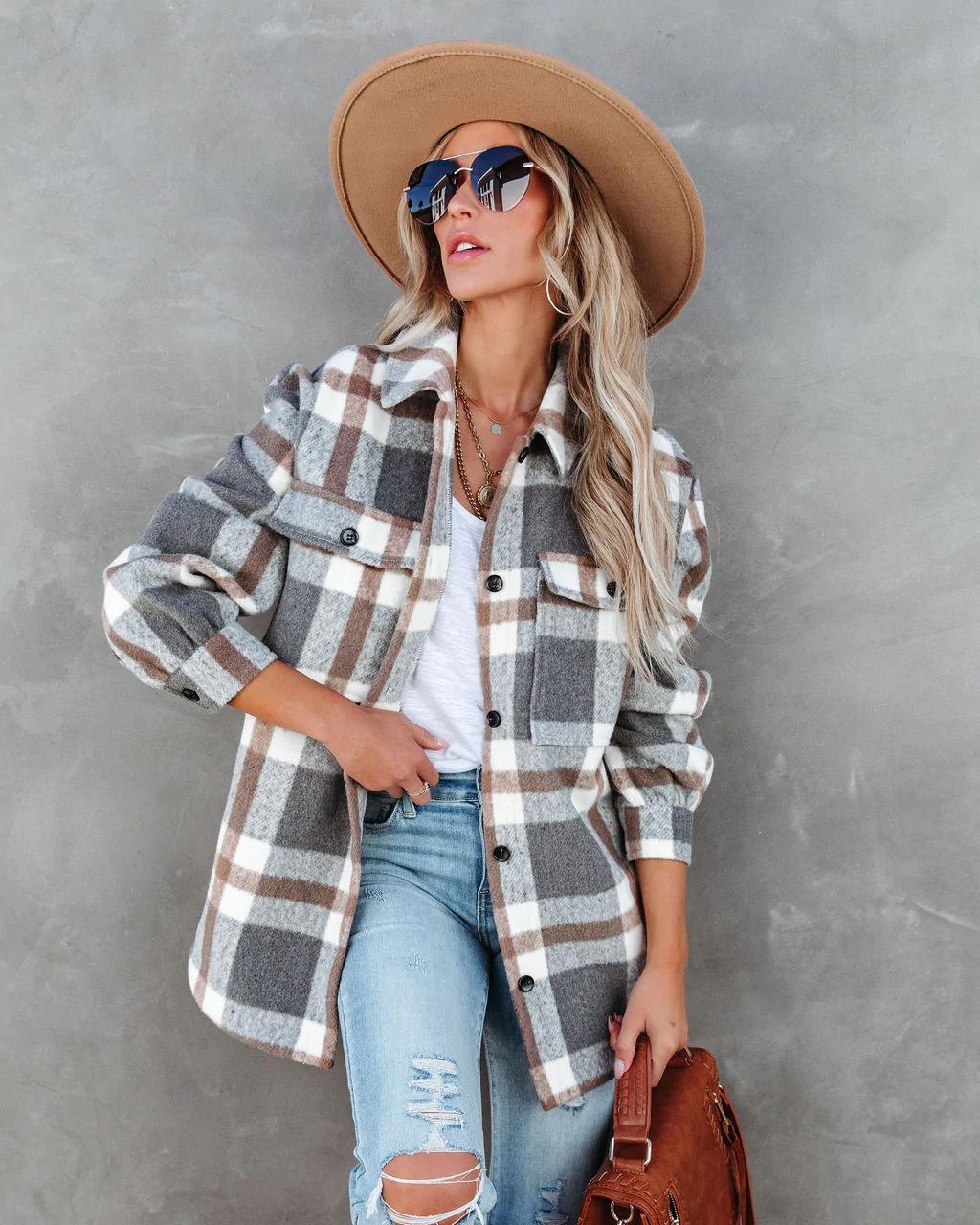 long sleeve plaid casual woolen shirt jacket NSHFC136793