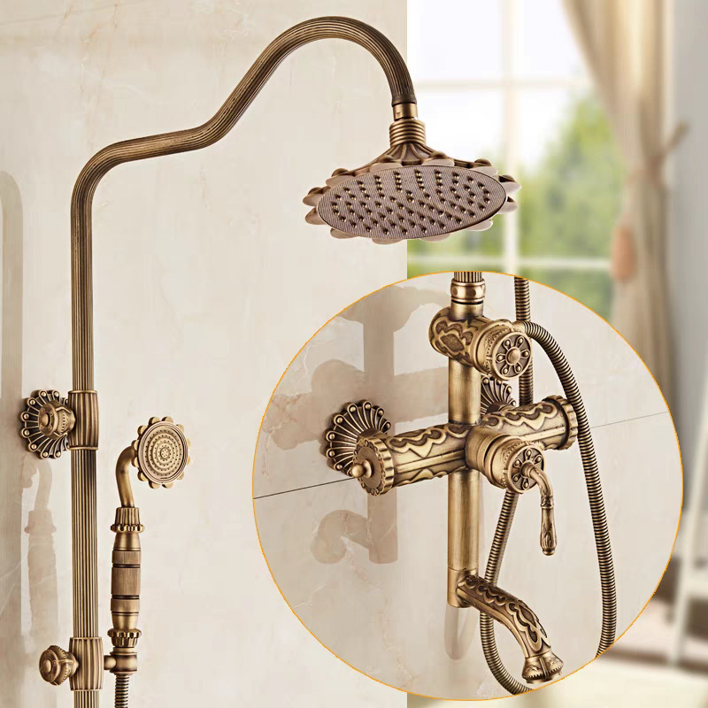 European-Style Brass Carved Antique Shower Set Hot and Cold Faucet Retro Copper Shower Mixing Valve Household